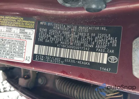 2005 Toyota Avalon Xls from USA, damaged, VIN 4T1BK36B85U017542